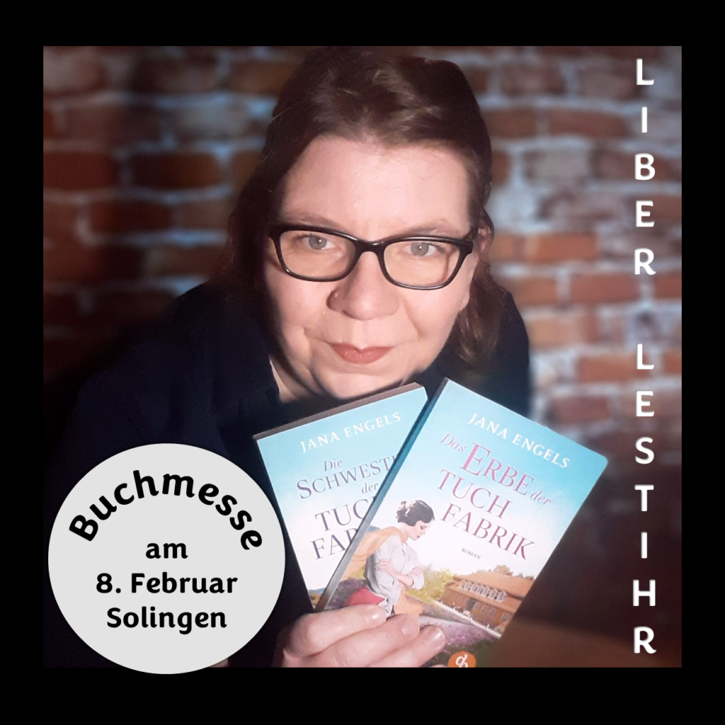 Jana Engels mit zwei ihrer Romane um die Tuchfabrik Information zur Buchmesse Liber Lestihr